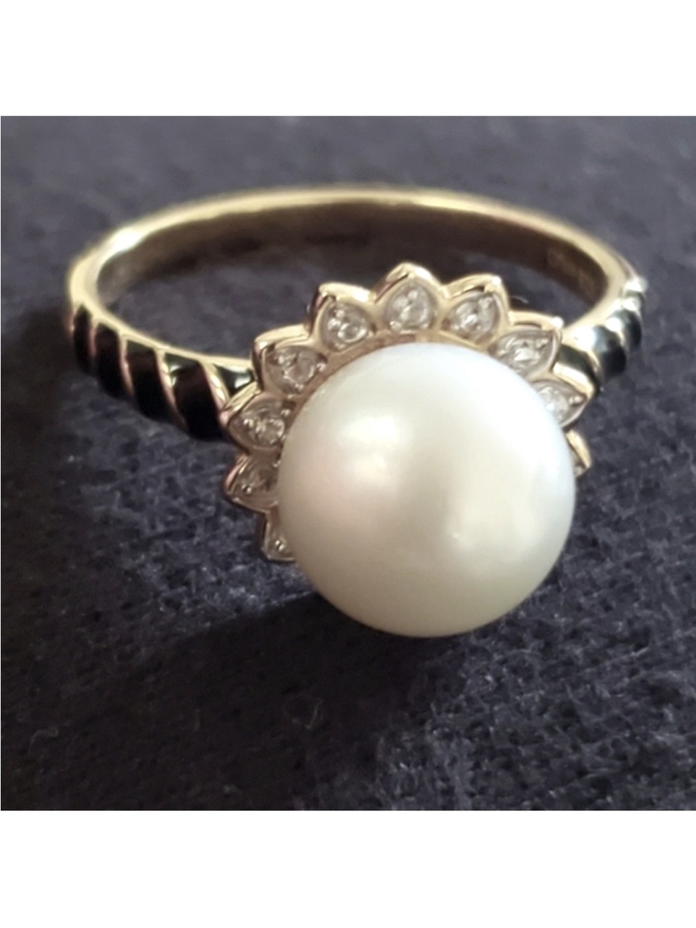 South Sea Pearl & Zircon YG Vermeil & Black Enameled Ring